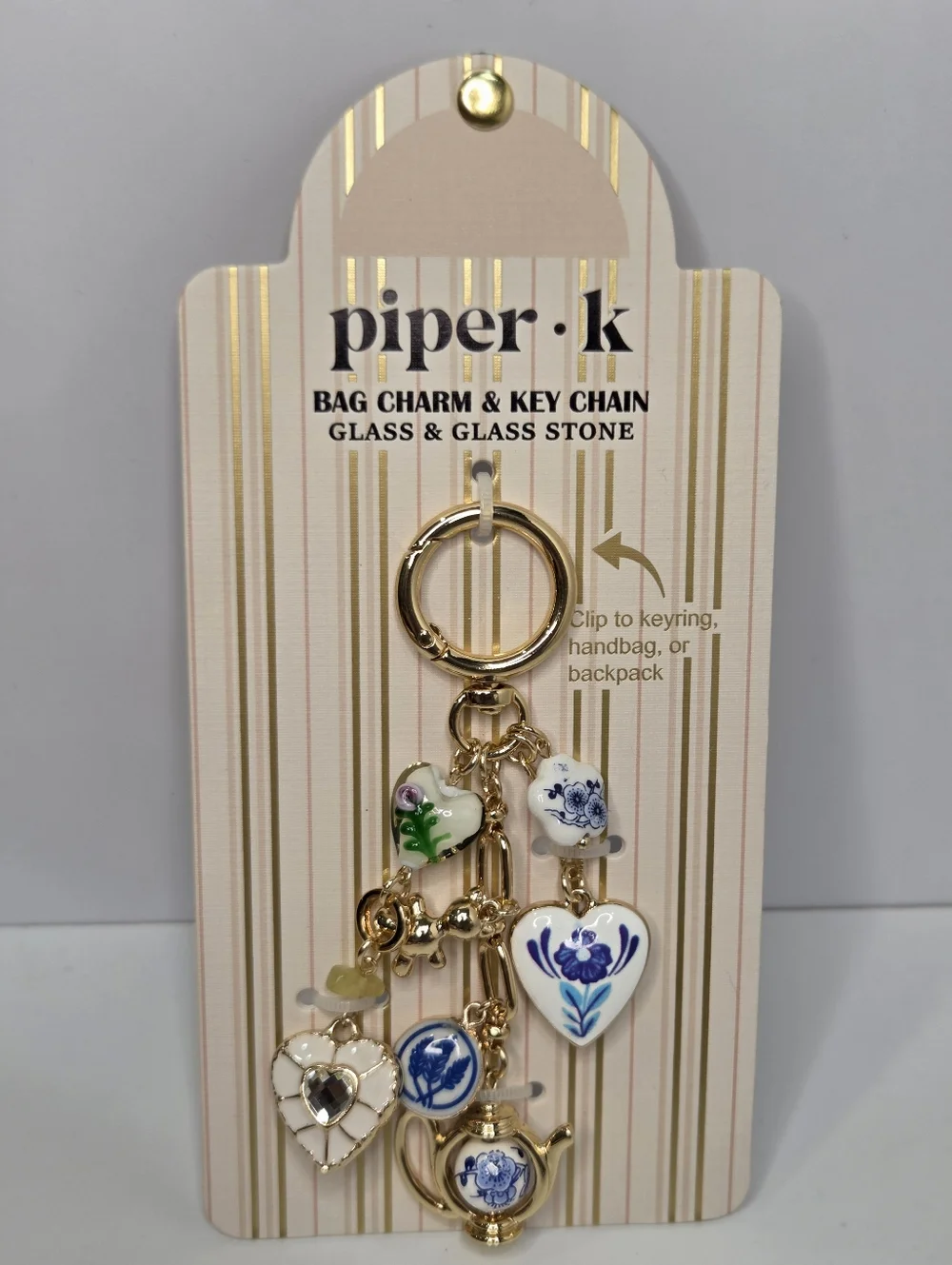 🤍▪️piper k▪️ UK Gold and White Teapot  Glass/Glass Stones  Floral Bag Charm